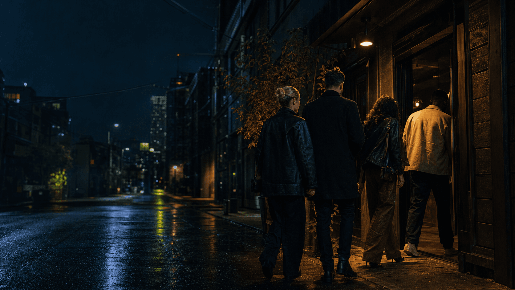 Friends arriving at a Toronto venue after dark