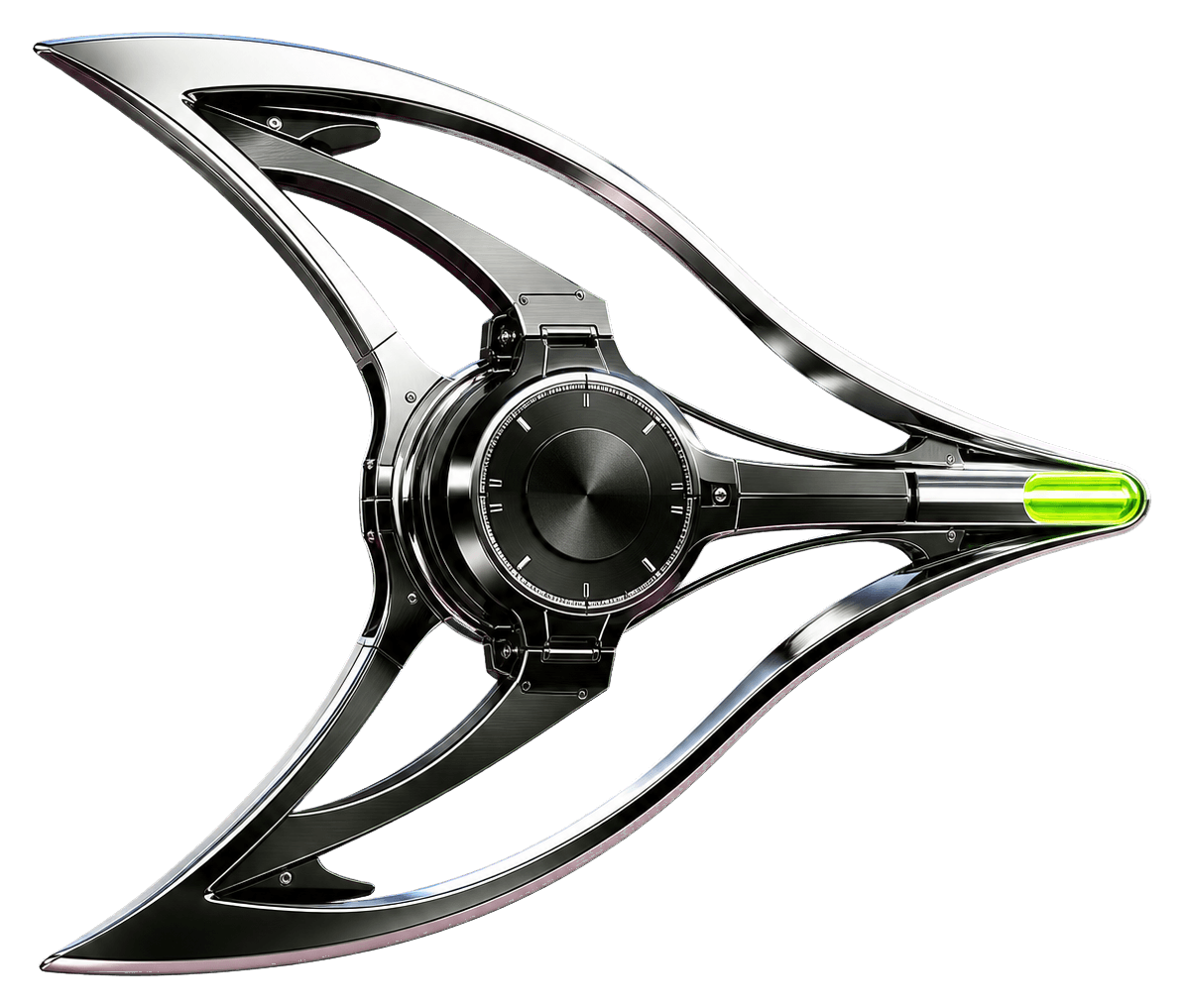 A chrome directional instrument converging on an Outly-green signal