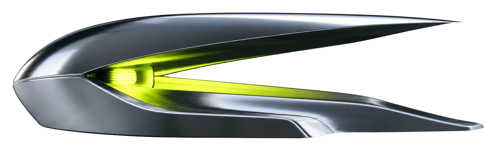 A chrome threshold opening around an Outly-green light