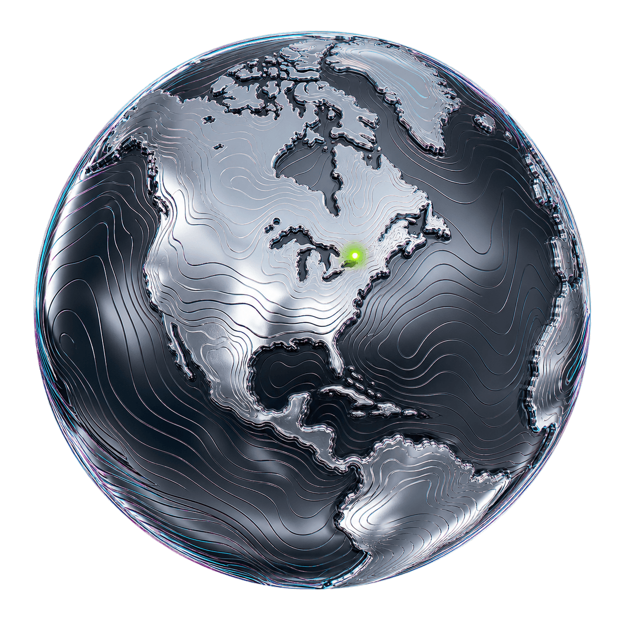 A chrome topographical globe with an Outly-green hotspot on Toronto